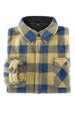 A high view of folded yellow men's cozy button plaid shirt jacket with sherpa lining