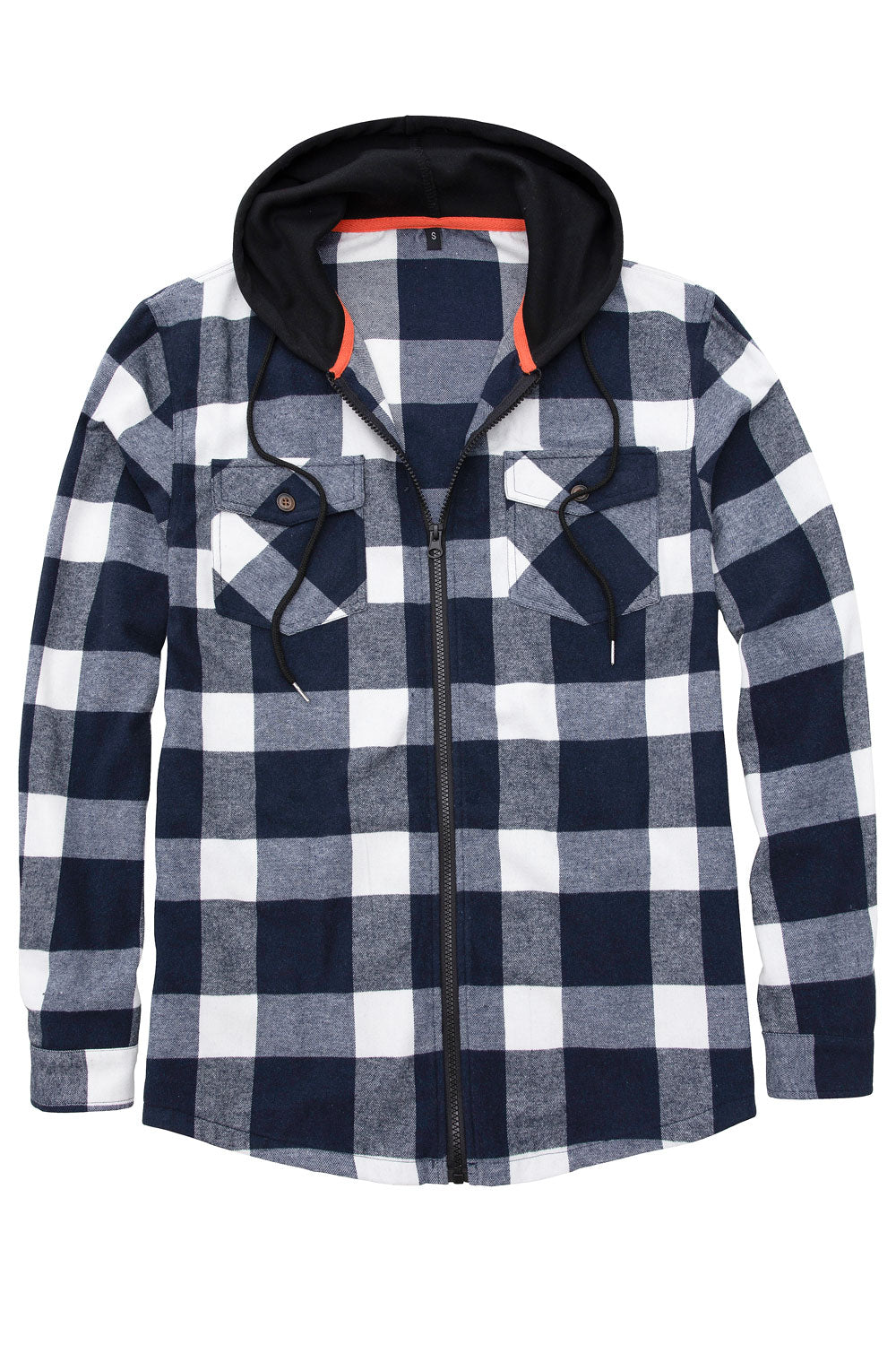 Men s Full Zip Up Hoodie Plaid Flannel Shirt Jacket with Hand Pockets Navy White S