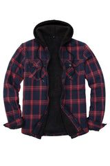 Front view of dark red men's zipper flannel shirt jacket with hood 