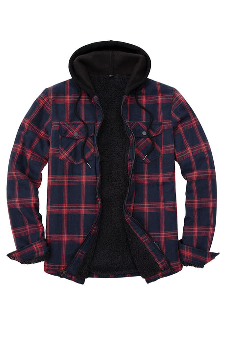 Front view of dark red men's zipper flannel shirt jacket with hood 
