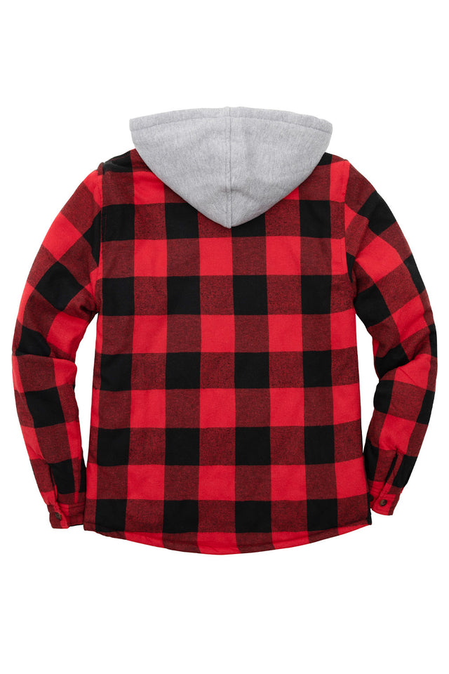 Back view of buffalo red men's button down plaid flannel shirt jacket with hood