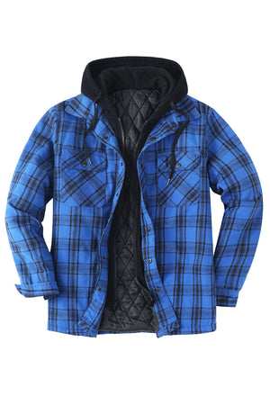 Front view of blue men's thicken plaid hooded flannel shirt jacket
