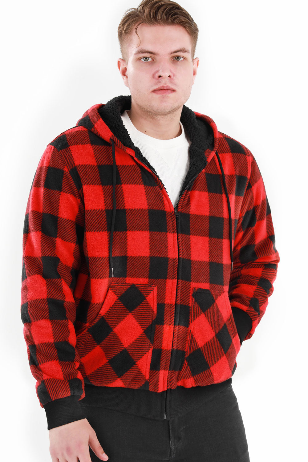 Men's Thick Sherpa Lined Checkered Plaid Hoodie Jacket