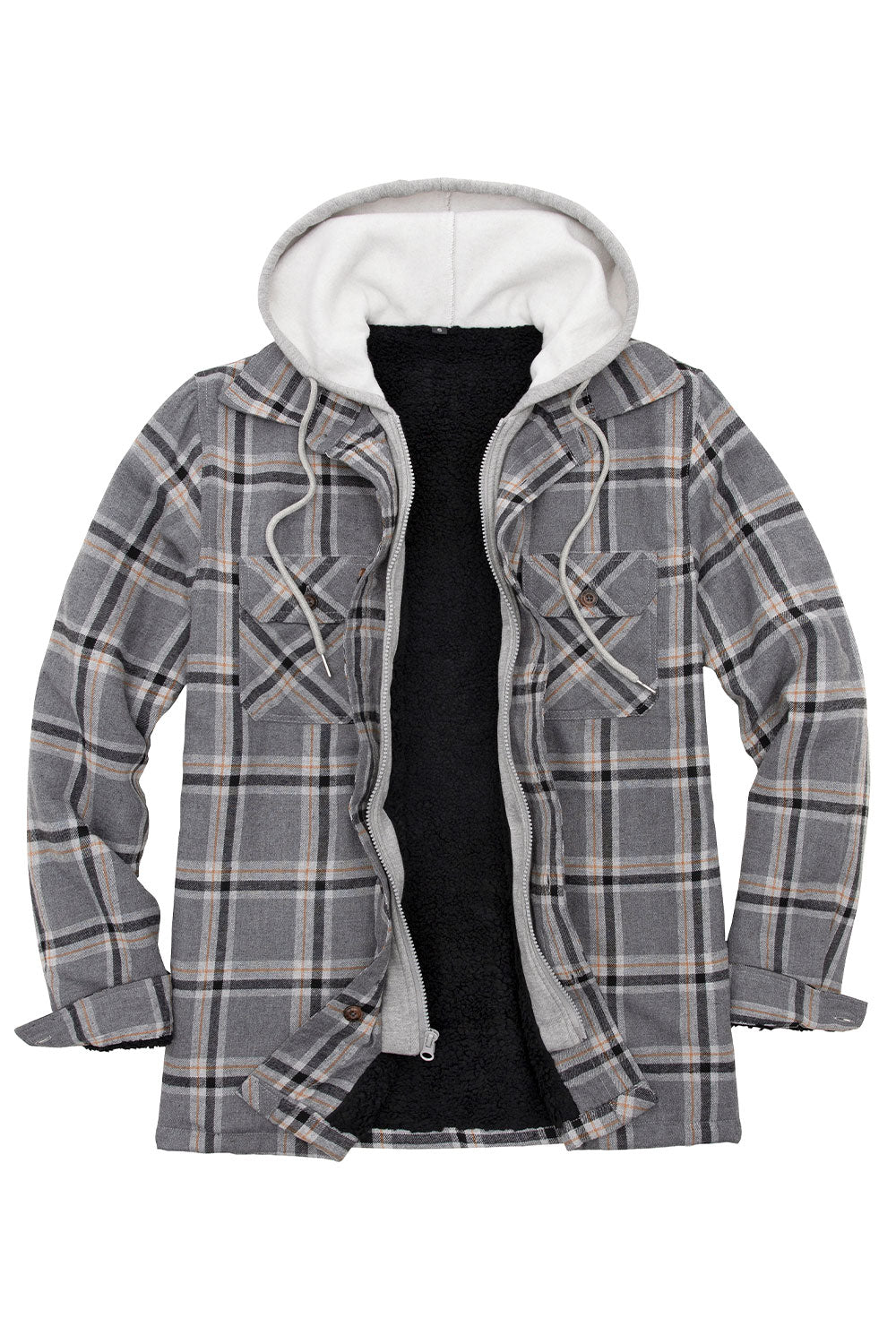 Mens Plaid Flannel Shirt Hoodie Soft Fuzzy Fleece Sherpa Lined Zip-Up 4  Pocket