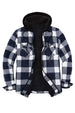 Front view of navy white men's zipper flannel shirt jacket with hood 