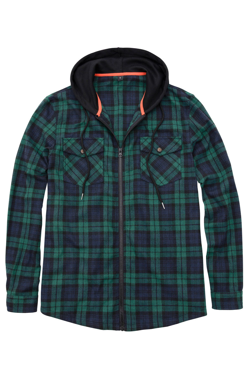 Men's Full Zip Up Hoodie Plaid Flannel Shirt Jacket with Hand Pockets