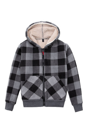 Front view of kids cherecked grey sherpa lined hooded jacket