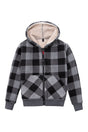 Front view of kids cherecked grey sherpa lined hooded jacket