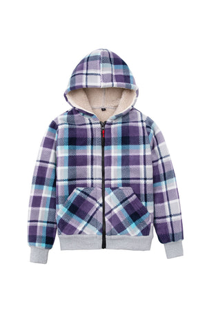 Front view of kids purple sherpa lined hooded jacket