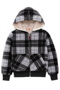 Front view of kids black grey sherpa lined hooded jacket