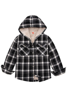 Front view of kids grey white plaid hooded flannel shirt jacket