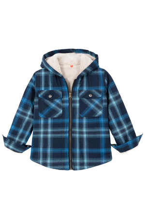 Front view of boys blue navy flannel jacket
