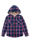 Front view of girls navy pink hooded flannel jacket