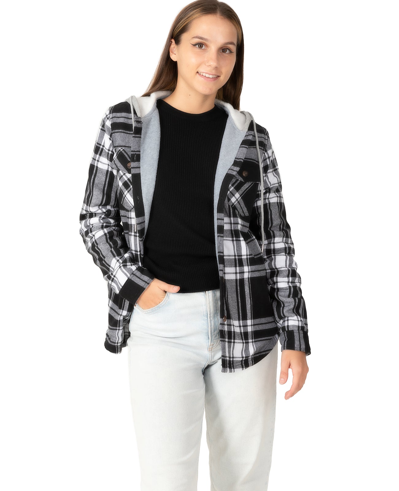 Women's Fleece Lined Flannel Shirt,Button Down Plaid Hooded Jacket